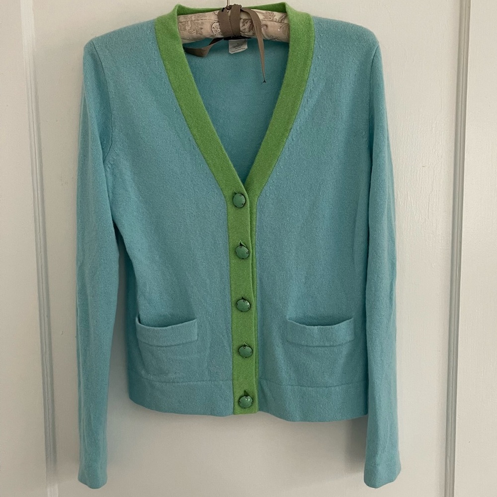 COPY - J Crew Blue and Green Wool and Cashmere V-Neck Cardigan with Jewel Butto…